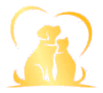 Happy Paws mark: a gold dog and cat inside a heart