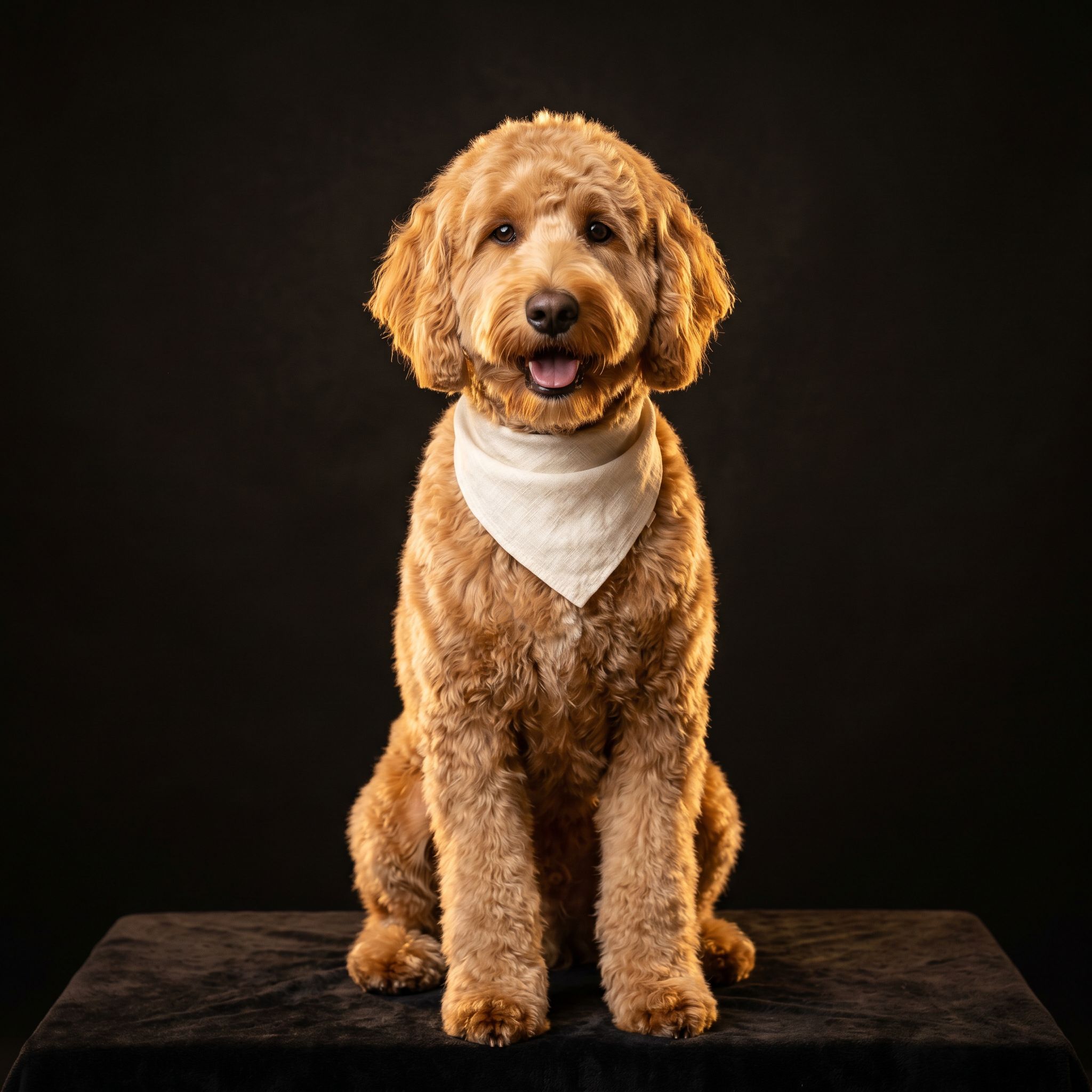A freshly groomed dog at Happy Paws in downtown Vernal, warm gold light